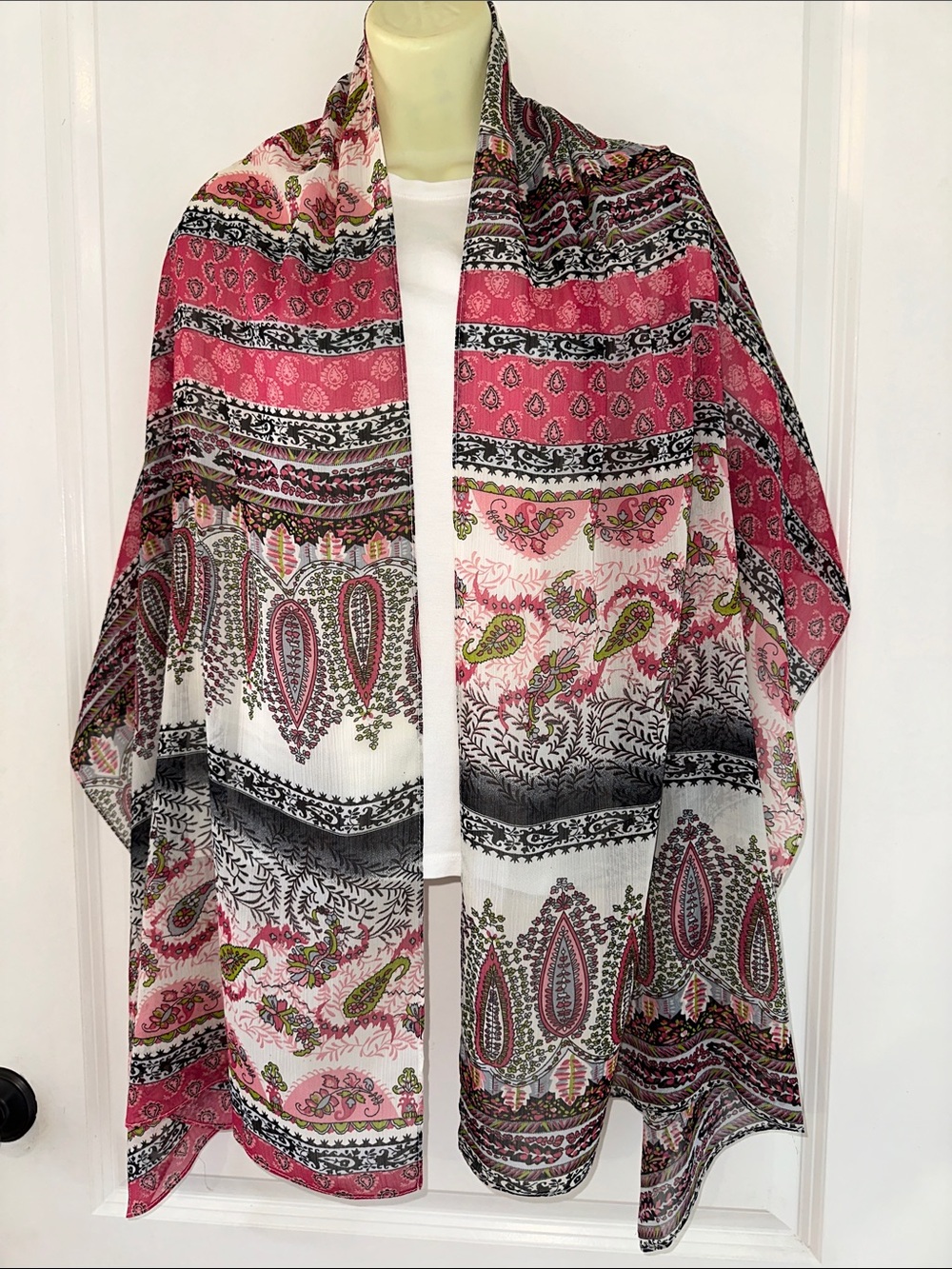 Lightweight Pink & Black Paisley Border Scarf or Wrap